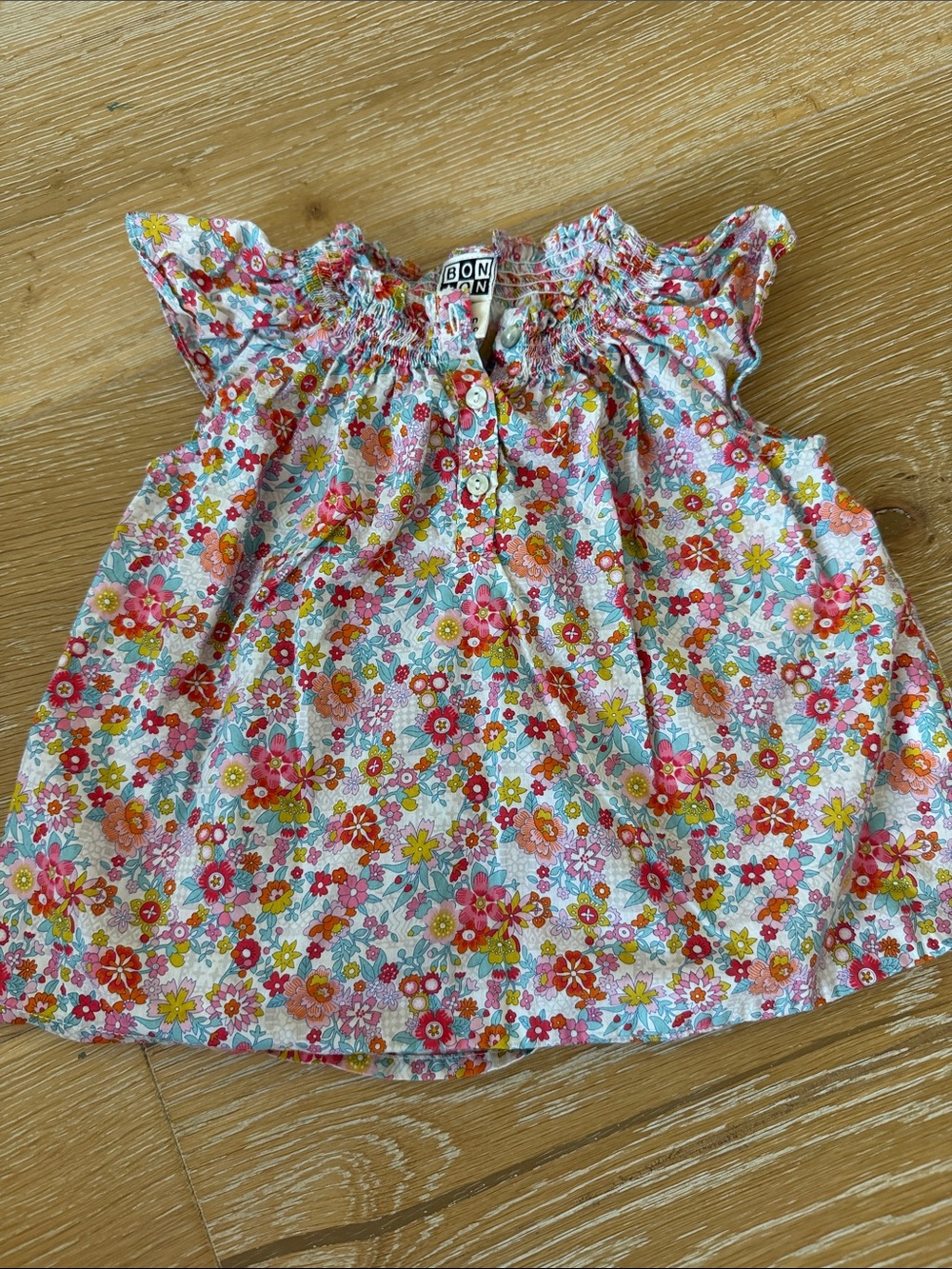 Bonton Floral Smocked Cap Sleeve Top - White, Pink, Orange, Yellow, Green